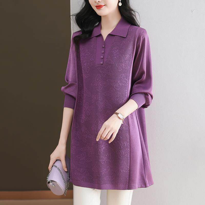 大码女装春装中长款冰丝针织衫洋气翻领上衣胖妈妈宽松薄款打底衫