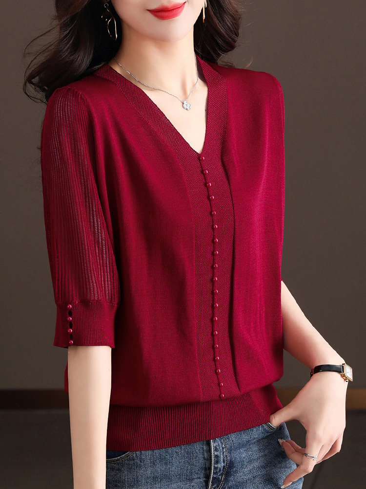 2023年夏季新款红色冰丝针织T恤女短袖宽松气质夏装中年妈妈上衣