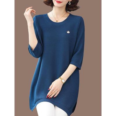 七分袖冰丝针织衫女中长款早秋妈妈洋气大码桑蚕丝上衣胖mmt恤薄