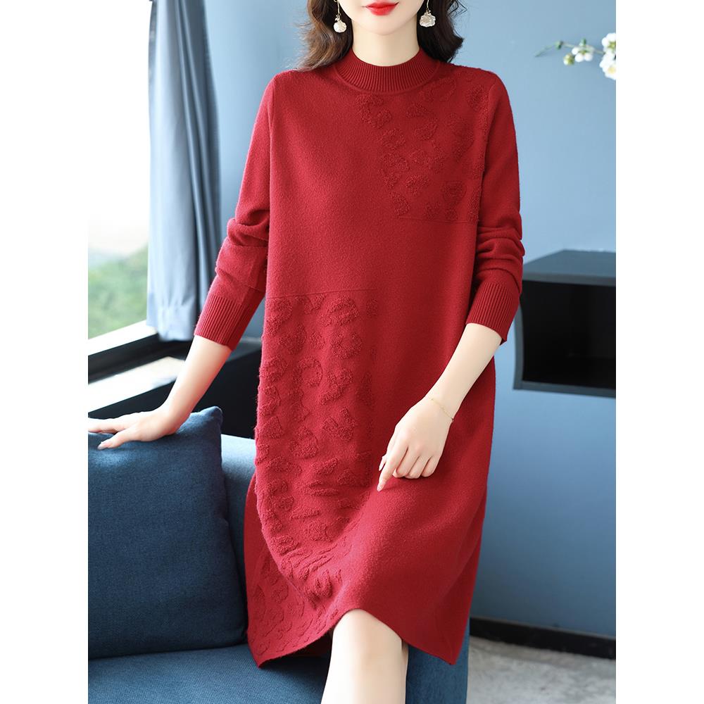 采购产品加码妇女的秋冬针织连衣裙，时尚的中长羊毛毛衣裙子，胖
