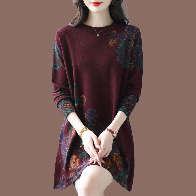 胖mm200斤宽松遮肚毛衣裙秋冬加肥加大中长款印花妈妈羊毛打底衫