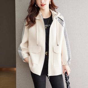 时尚连帽双面羊绒大衣女秋冬胖mm大码休闲遮臀显瘦高级感毛呢外套