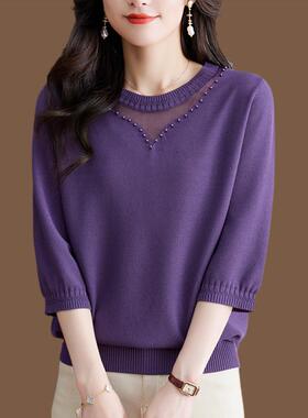 七分袖冰丝针织打底衫女春夏时尚桑蚕丝上衣洋气妈妈宽松半袖t恤