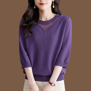 七分袖冰丝针织打底衫女春夏时尚桑蚕丝上衣洋气妈妈宽松半袖t恤