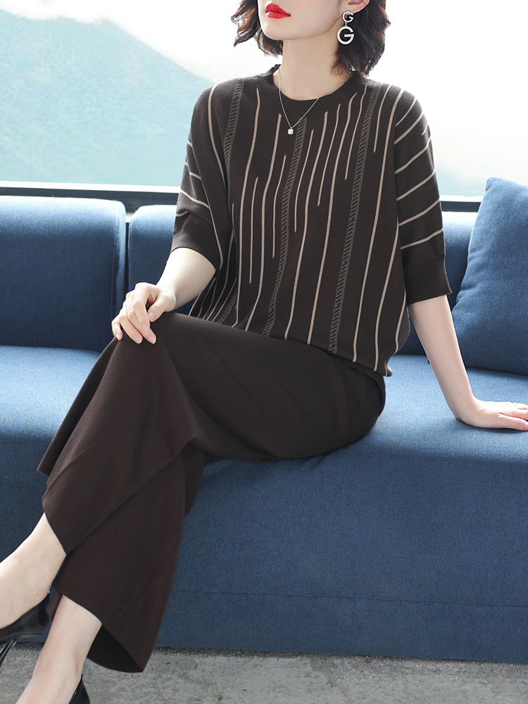 半袖春秋套装女款2023年新款休闲时尚宽松显瘦妈妈装阔腿裤两件套