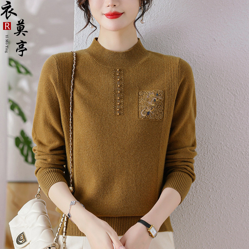 羊毛衫女100纯羊毛秋冬新款半高领宽松短款妈妈装毛衣针织打底衫