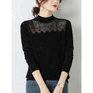 天鹅绒网纱打底衫女士内搭秋冬2025新款爆款洋气针织上衣黑色毛衣