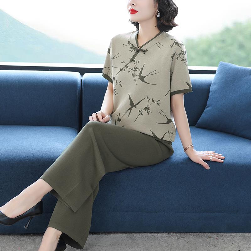 品牌休闲时尚套装女夏季2025新款短袖宽松中老年妈妈装时髦两件套