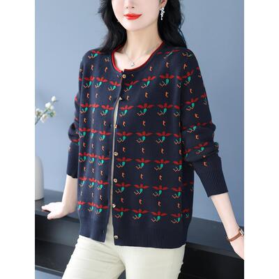 中年妈妈春秋外搭羊毛针织开衫女宽松加大码圆领上衣洋气毛衣外套