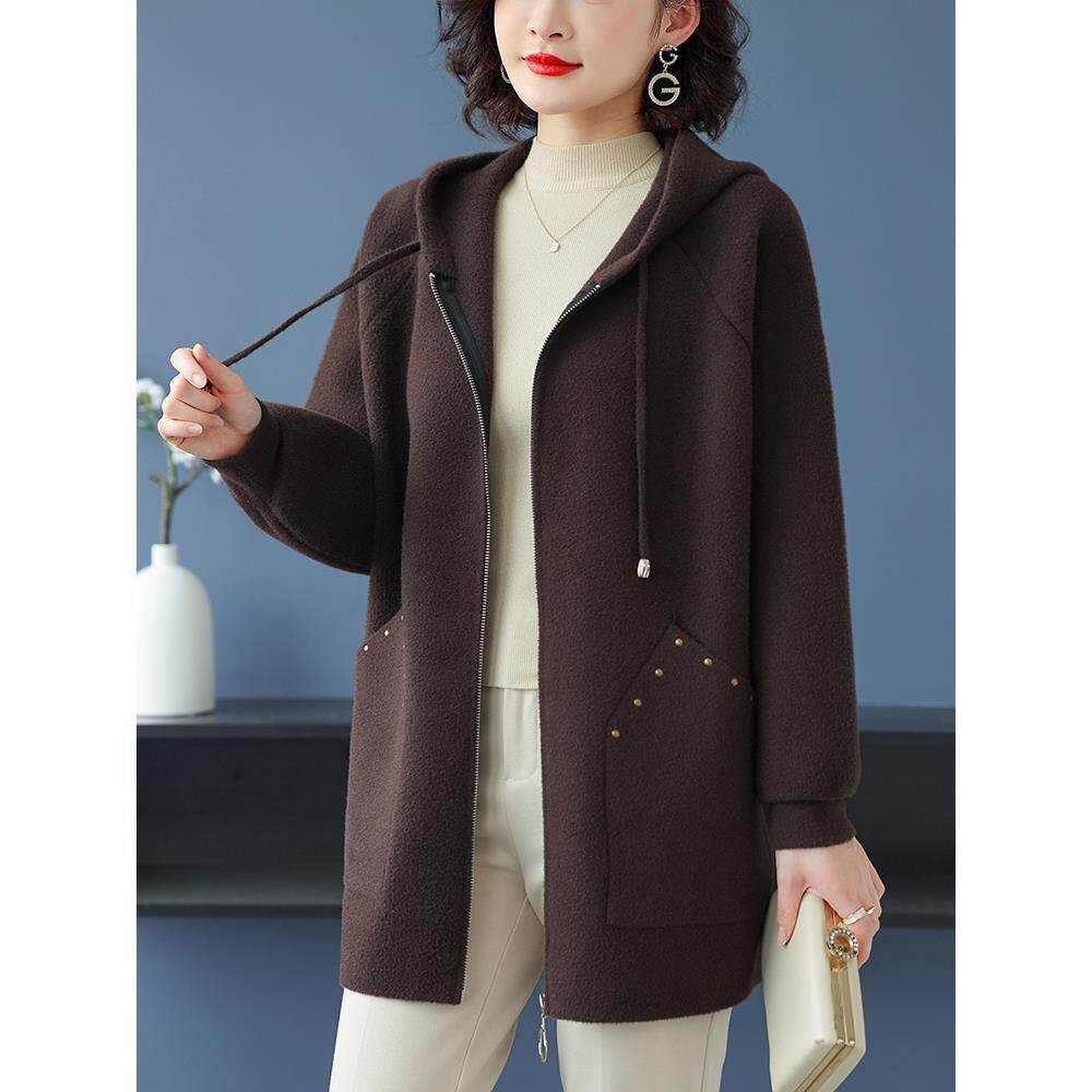 休闲洋气胖mm加肥大码羊绒外套女百搭春秋季韩版拉链连帽遮肚大衣