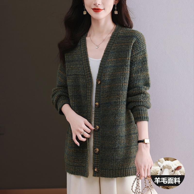 大码女装早秋装2024新款羊毛衫女士毛衣外套女中长款外搭针织开衫