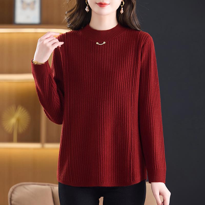 中年妈妈半高领针织衫女秋冬新款加大码宽松显瘦打底毛衣时尚上衣