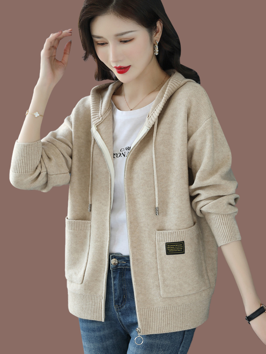 连帽毛衣外套女秋装2023新款时尚外搭带帽羊毛针织开衫春秋羊绒衫