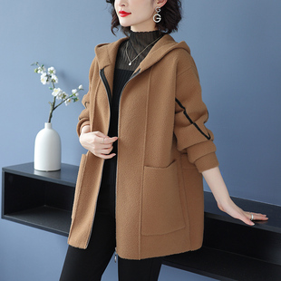 中老年胖妈妈200斤加肥大码毛呢外套春秋大口袋连帽双面羊绒大衣