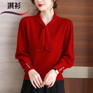 v领毛衣女2025新款100纯羊毛衫洋气妈妈秋冬蝴蝶结飘带红色针织衫