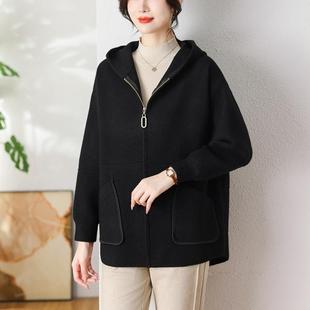 爆款连帽双面羊绒外套女秋冬胖mm加肥加大码200斤高级感毛呢外套