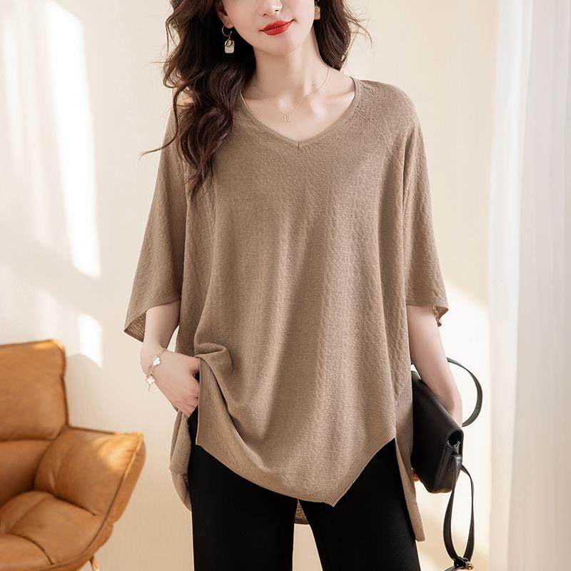 胖mm宽松v领短袖t恤女200斤加肥加大码夏装显瘦遮肚子中长款上衣