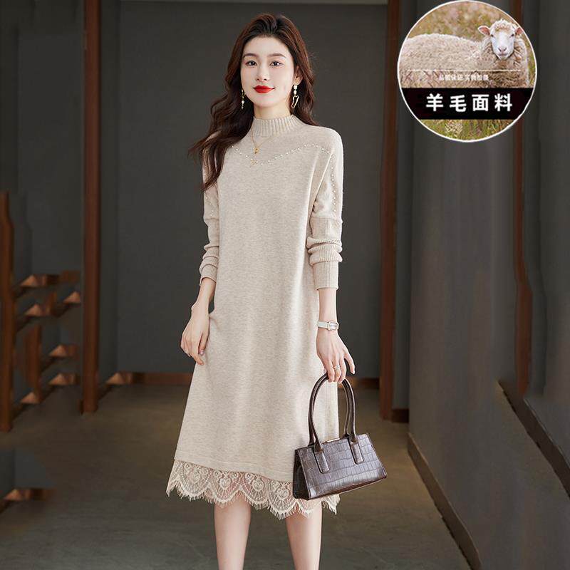 羊毛针织连衣裙女秋冬季2024新款高级加厚中长款羊绒打底毛衣裙子