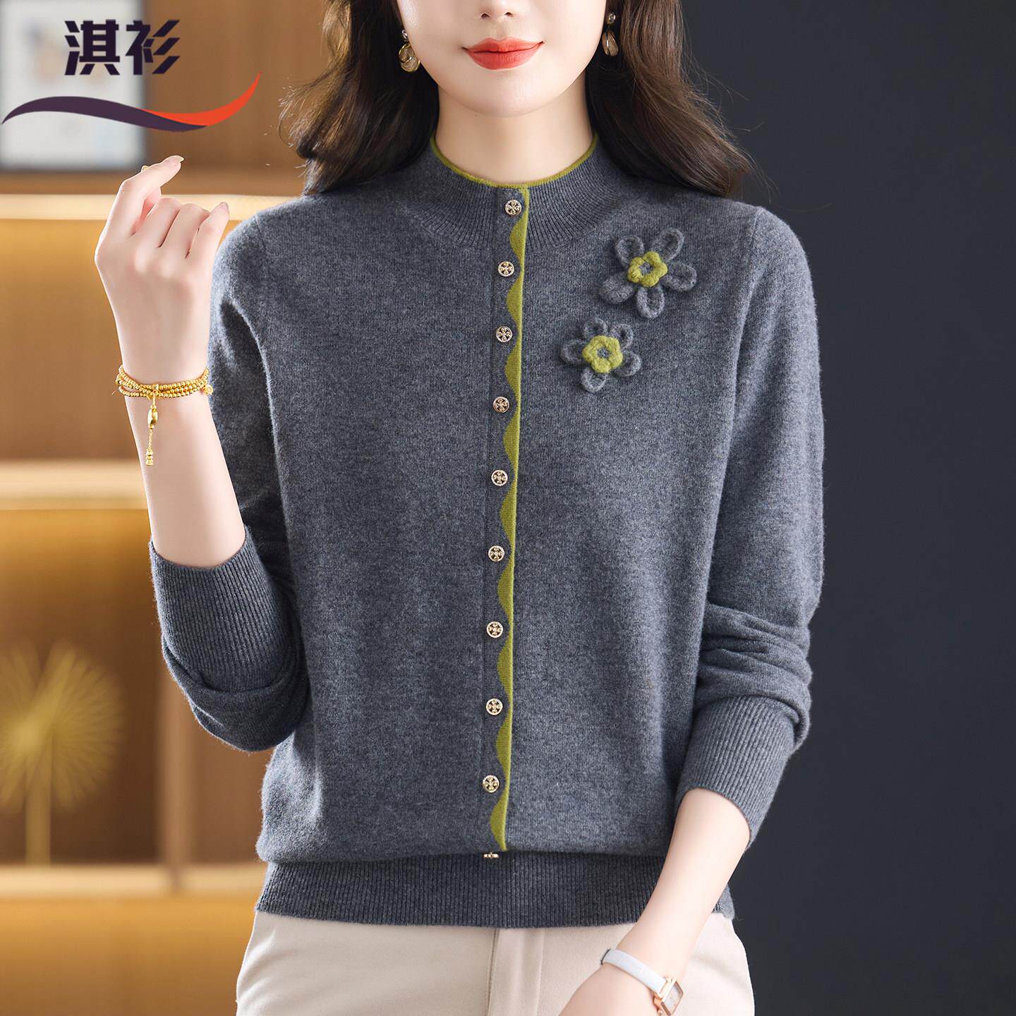 秋冬100纯羊毛衫女新款拼色套头半高领毛衣中年妈妈针织打底衫厚