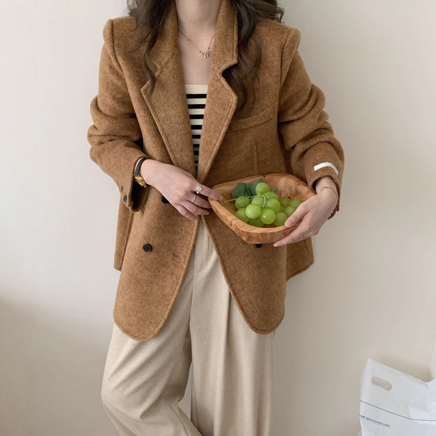 西装款双面羊毛大衣女中长款2025新款小西装韩版宽松羊毛呢外套