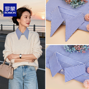 假领子女高档条纹大尖领气质内搭显瘦配毛衣时尚 衬衣领 百搭韩版