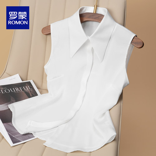 罗蒙白色无袖衬衫领女士