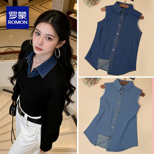 港风复古牛仔无袖衬衫女士背心时尚显瘦内搭翻领休闲叠穿坎肩上衣