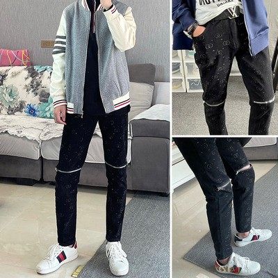 秋季弹力牛仔裤男网红同款膝盖拉链九分裤精神小伙烫钻小脚裤子男
