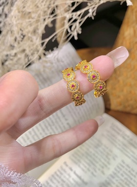 金店同款黄金色沙金红色镶嵌铜钱币开口戒指女黄金色高级感高端