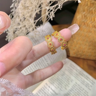 金店同款黄金色沙金红色镶嵌铜钱币开口戒指女黄金色高级感高端