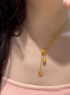 仿金沙金黄金色古法福字小葫芦毛衣链吊坠女轻奢镀金锁骨链项链