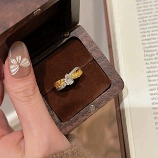 沙金简约麦穗镶钻开口戒指女款轻奢高级感指环手饰金色时尚款日常