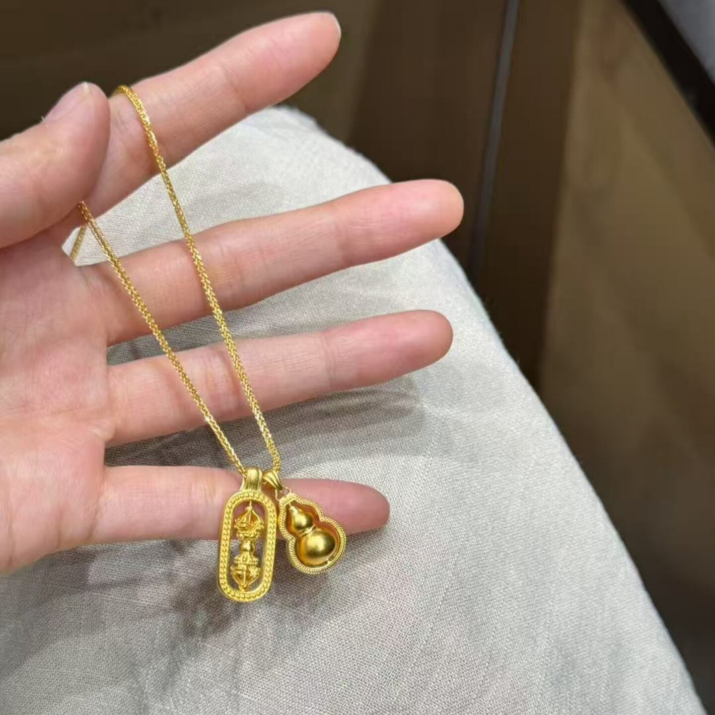 黄金色项链古法项链毛衣链锁骨链项链沙金一字金刚杵葫芦吊坠沙金