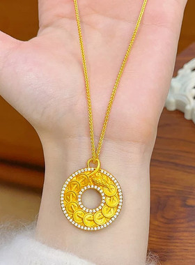 沙金仿真金点钻钱鲤鱼如意扣吊坠项链圆形锦鲤锁骨链级感女