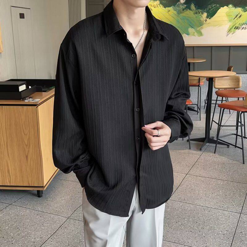 高端韩版100翻领衬衫男秋季纯色时尚百搭长袖寸衣外套