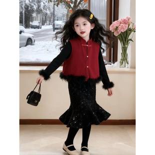 女童拜年服2025新款冬装新中式红色新年衣服战袍套装儿童圣诞服装
