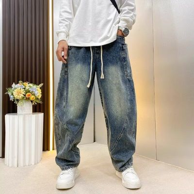 秋季新款多口袋宽松牛仔裤男款美式复古水洗痞帅阔腿裤潮牌弯刀裤