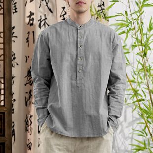大码 草民麻衣秋季 苎麻复古立领扎染棉麻衬衣男士 新款 休闲上衣 长袖
