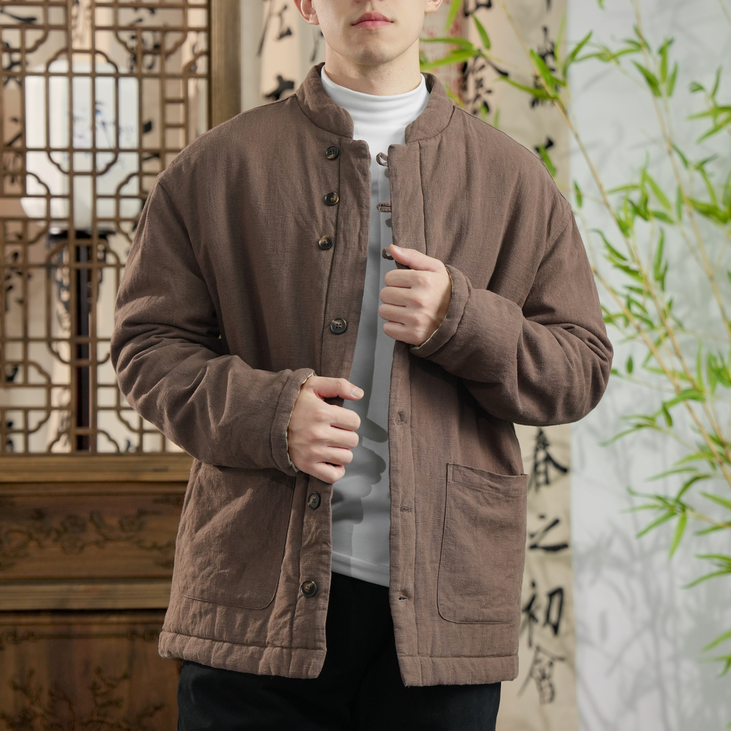 新款冬季男士棉服外套加厚加棉保暖大码宽松苎麻国风新中式男装潮