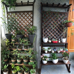 防腐木阳台花架实木阶梯多层落地式 网格花盆架室内客厅置物花架子