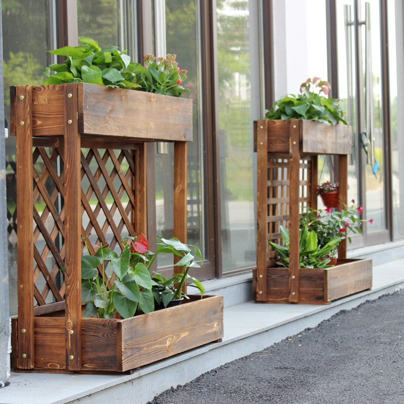 防腐木花盆户外种植箱网格栅栏阳台庭院隔断花槽碳化双层花架花箱
