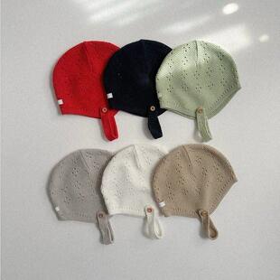 哦哦乐韩国童装婴幼童薄款镂空透气针织护耳帽圆顶包头帽春夏可爱