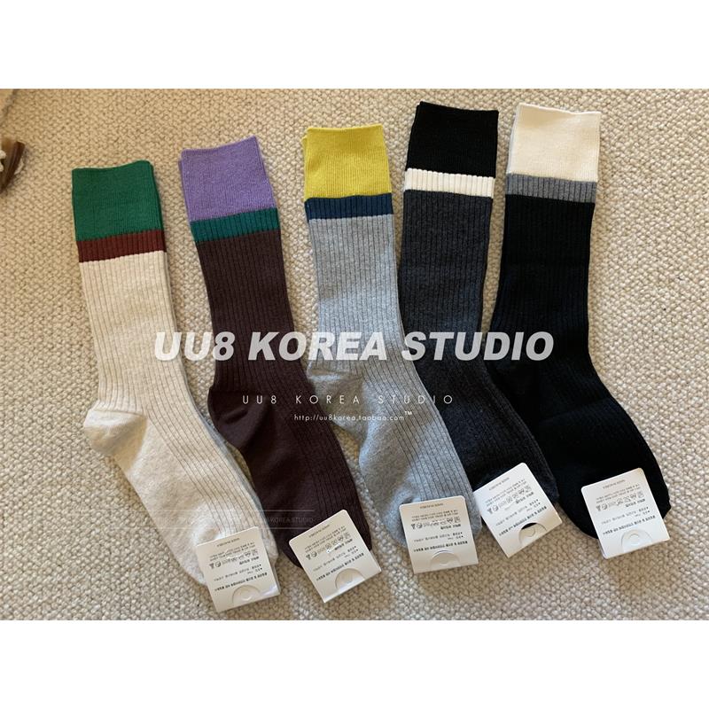 哦哦乐韩国童装UU8 韩国~拼接撞色の 设计师款棉质长筒袜女袜 满6