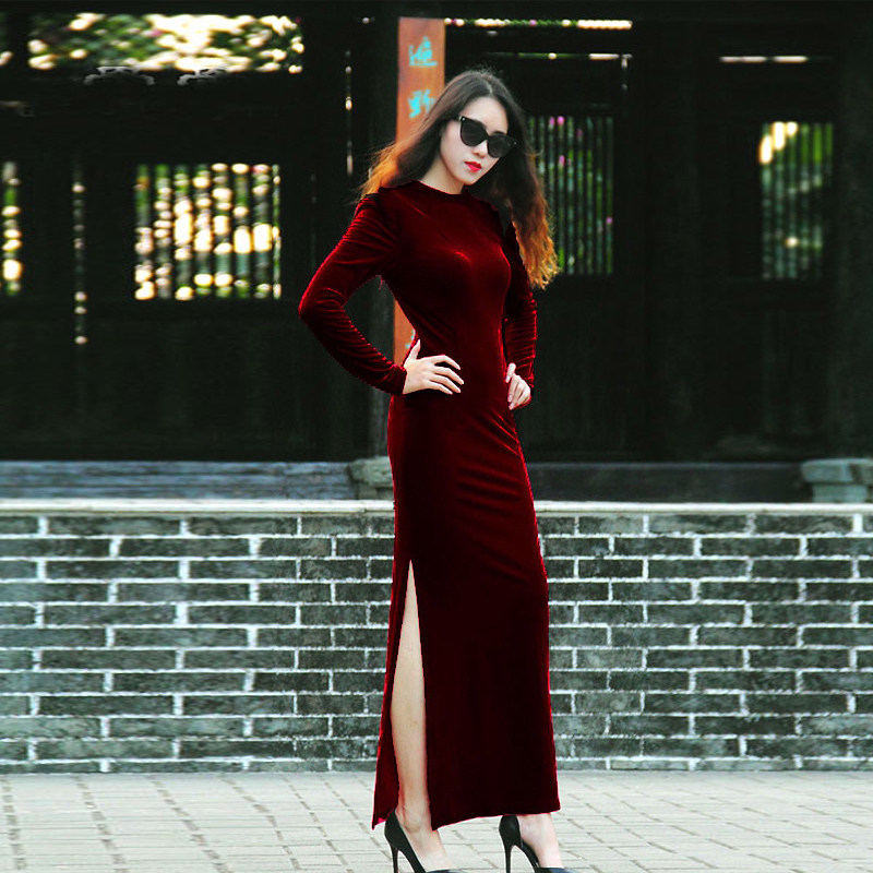 黑色气质金丝绒晚礼服圆领复古长款连衣裙修身显瘦大码侧开叉旗袍