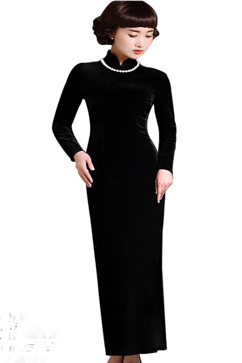 春秋新款改良旗袍裙金丝绒连衣裙修身显瘦长袖侧开叉包臀长裙礼服