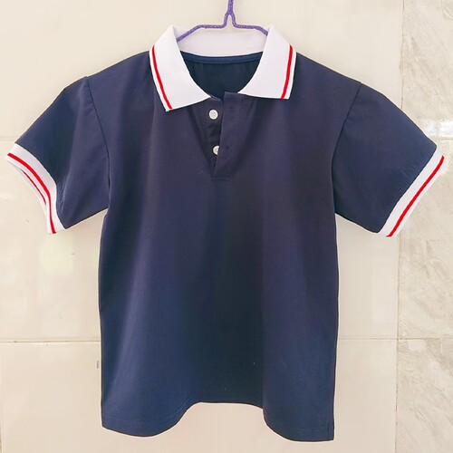夏季藏蓝校服短袖白色领子袖口上拼大红条男女通用班服POLO衫T恤