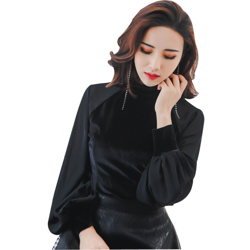 春秋打底衫丝绒拼接雪纺小衫收腰显瘦外穿上衣性感T恤女修身长袖