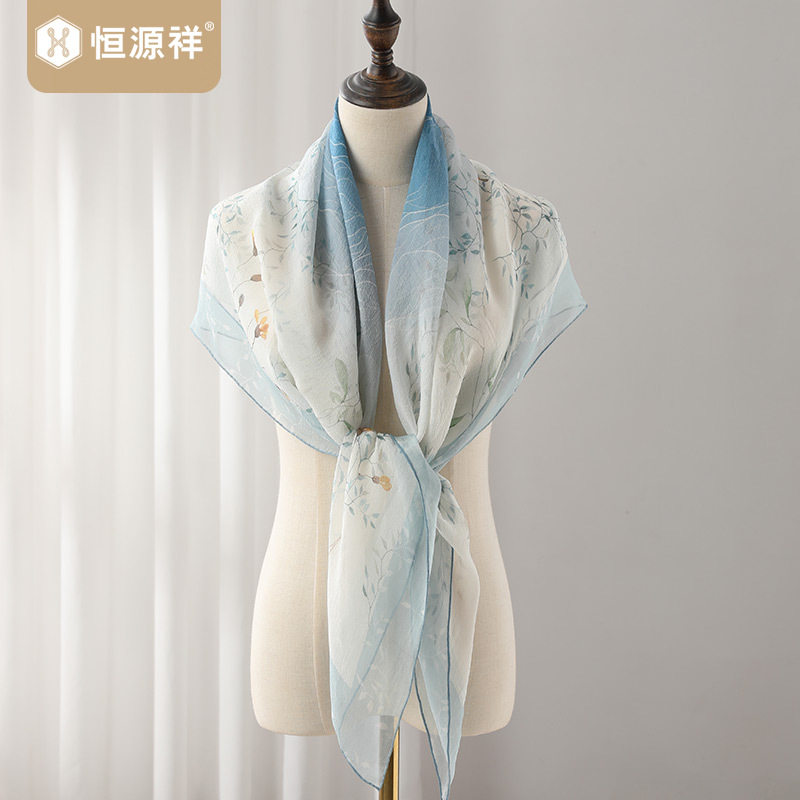 恒源祥真丝丝巾女春秋季新款100%桑蚕丝大方巾围巾中国风牡丹纱巾