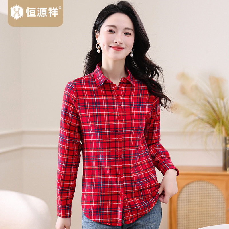 恒源祥文艺复古格子衬衫女纯棉长袖春秋宽松休闲衬衣外套港味潮潮