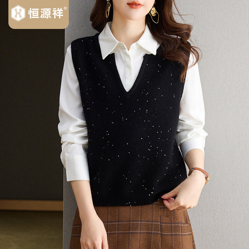 恒源祥纯羊毛烫钻针织马甲背心女装秋季宽松毛衣宽松V领马夹坎肩